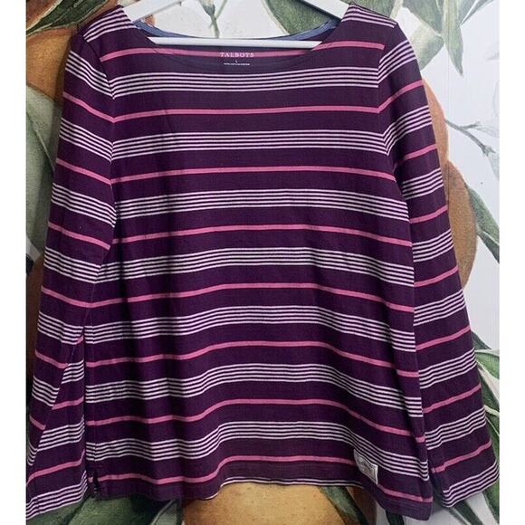 Talbots Tops - Talbots Large 100% Cotton Boatneck Striped Long Sleeve Shirt Burgundy Red